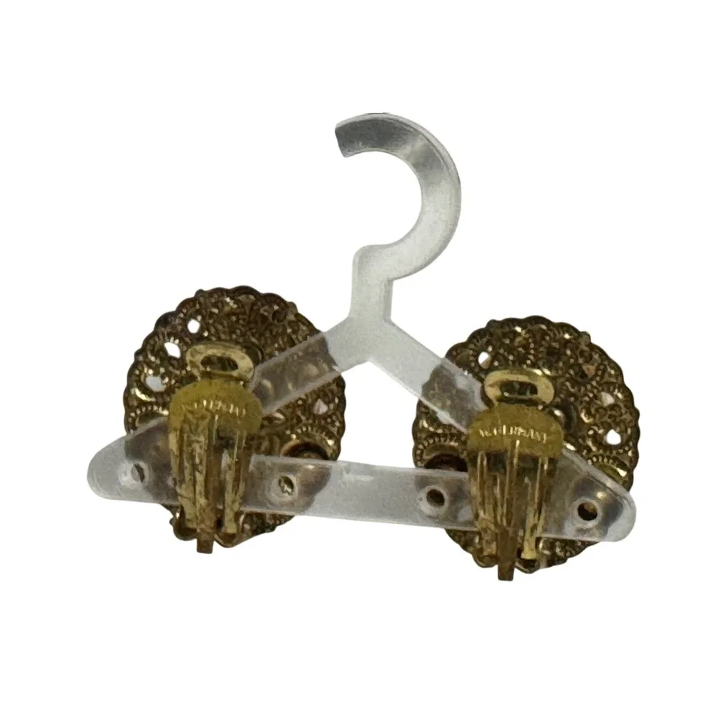 Vintage W Germany Clip On Earrings Brown‎ Jewel Faux Pearl Gold Tone Statement